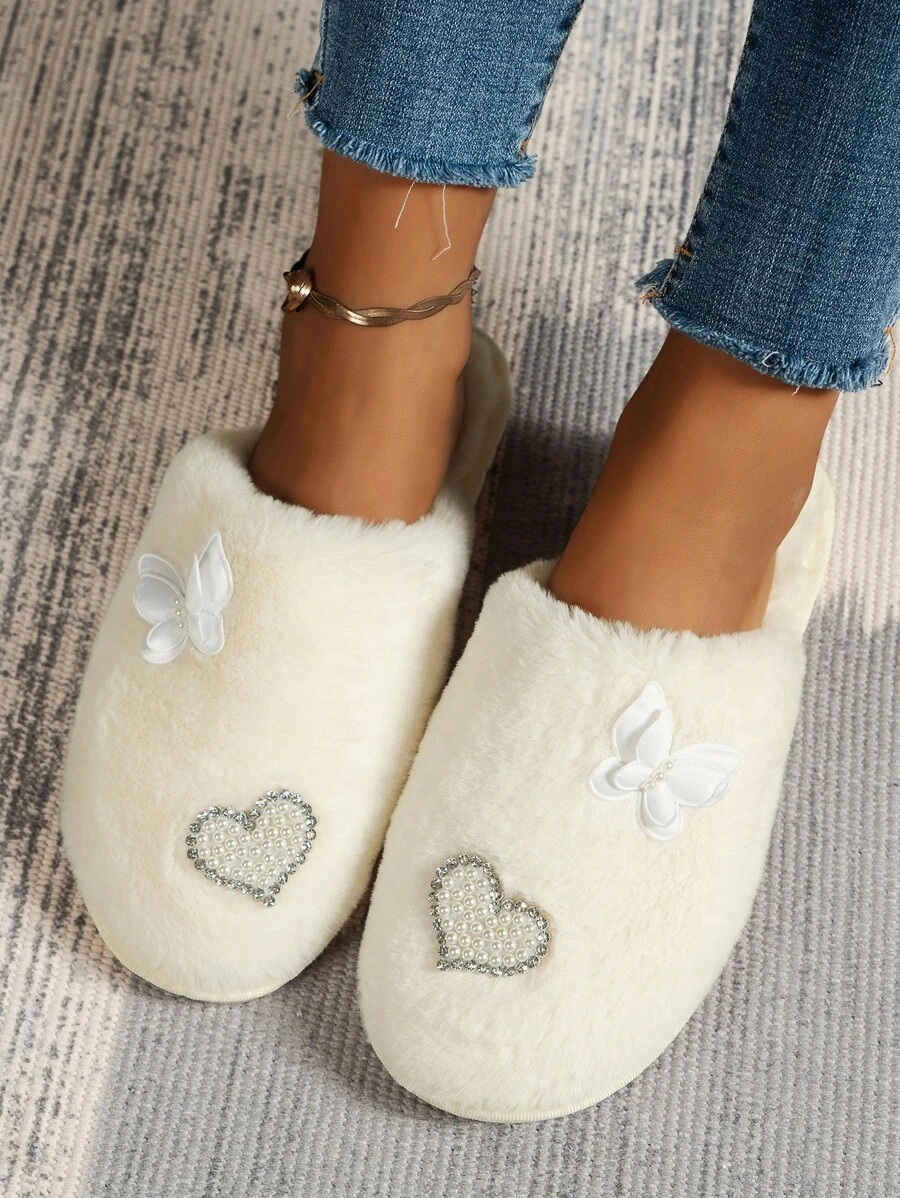 Elegante Perlen & Strass Plüsch Hausschuhe für Frauen, Schmetterling Dekor, flache leise Pelz Slides, Neu 2024 Herbst/Winter