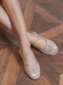 Fall/Winter Women's Mesh Flat Shoes With Apricot Rhinestone, Breathable Fishnet Mesh Material, Light And Breathable, White Rhinestones For Shimmering Look, Breathable And Anti-Slip, Incredibly Comfortable, Simple Style, Suitable For Spring/Summer Outfits, Parties, Shopping, Festivals, Daily Wear, Activities, Elegant, Parties, Celebrations, Flat Shoes, Ballet Shoes, Fishnet Shoes - Apricot - View 2