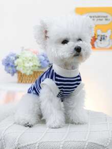 PETCIRCLE 1 件装宠物服装可爱条纹背心 - 海军蓝和白色条纹 - 彩色 - 查看 3