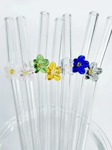 Set (4 Straws + 1 Brush) Reusable Glass Straws Cute Colorful Flower Glass Straws, Colorful Floral Design Heat-Resistant Glass Straw, Washable Reusable Fruit Drinking Smoothies, Milkshakes, Juices, Teas,Kitchen,Christmas Gift,School Supplies