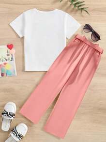 Young Girl Summer Fashion Cool Young Girl Cartoon & Letter Printed Round Neck Short Sleeve T-Shirt, Children's Elegant & Casual Outfit With Pants - Pink - View 2