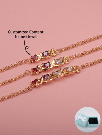 Customized Personalized Birthstone Heart Inlaid Bracelet With 1-4 Names, Ideal For Mother's Day, Valentine's Day, Birthday, Anniversary, Christmas, Graduation, Family & Friends' Gifts Of High-End Quality Stylish,School Supplies,Back To School,School Gift,For Office,For School,For Classroom,For Teacher Gifts,For University,For Colleague,For Dorm Rooms,For Teacher,For Boys And Girls,For Teenagers,Junior High School Students,Middle School Students,High School Senior High School Students,College Students,University Students,Freshman,Sophomore,Underclassmen,Black,Silver,Gold,Stylish,Colorful,Vintage,Simple,Unisex,Casual,Cuties,Custom,Personalized,Unique,Ideal Gifts For Him,Ideal Gifts For Her,Her,Boyfriend,Girlfriend,Dad,Mom,Family,Friends,For Anniversaries,For Birthdays,For Graduation,For Prom,For Party,Customized Fashion Word Bracelets,Street Casual Chic