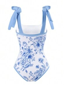 Maiô Modesto de Peça Única com Estampa Floral e Bainha Bufante, Modelagem Slim, Adequado para Férias, Praia, Termas no Verão