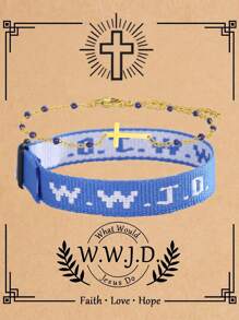2入組極簡不銹鋼十字手鐲和WWJD字母 What Would Jesus Do基督教首飾編織織帶手鐲套裝女款派對首飾 - 彩色 - 查看 1