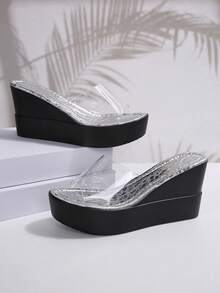 Nữ Quai Trong Suốt Phong Cách La Mã Dép Peep-Toe, Giày đế dày đế dày màu bạc trang nhã và linh hoạt cho trang phục mùa hè thông thường - Bạc - Xem 5