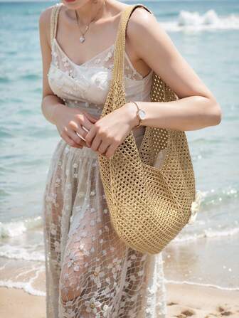 Large Capacity Hollow Out Woven Straw Beach Tote Bag, Perfect For Traveling, Vacation, Commuting Or Casual Outings, Lightweight And Convenient With Floral Design, A Must-Have For Daily Use