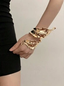 1入組朋克風誇張設計厚金屬葉形女式手鐲，金銀色彈簧手環，抽象設計手環色彩持久 - 金色 - 查看 8