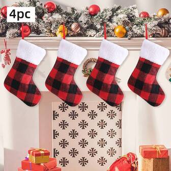 4pcs Christmas Stockings, Red Buffalo Plaid Christmas Stockings With Plush Cuffs, Stockings Hanging On The Fireplace, Gift Decorations For Family Holiday Parties