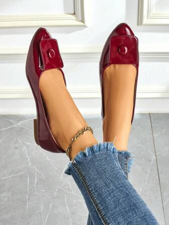 Women's Fashionable Low Vamp Buckle Decorated Flat Square-Toe Red Shoes, Patent Leather Pointed-Toe Red Shoe