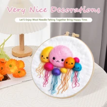 1 Pack Jellyfish Pattern Needle Felting Starter Kit With Picture Embroidery Frame Wool Needle Felt Set Handwork Diy Crafts 20x20cm/7.87x7.87inch - Multicolor - View 6