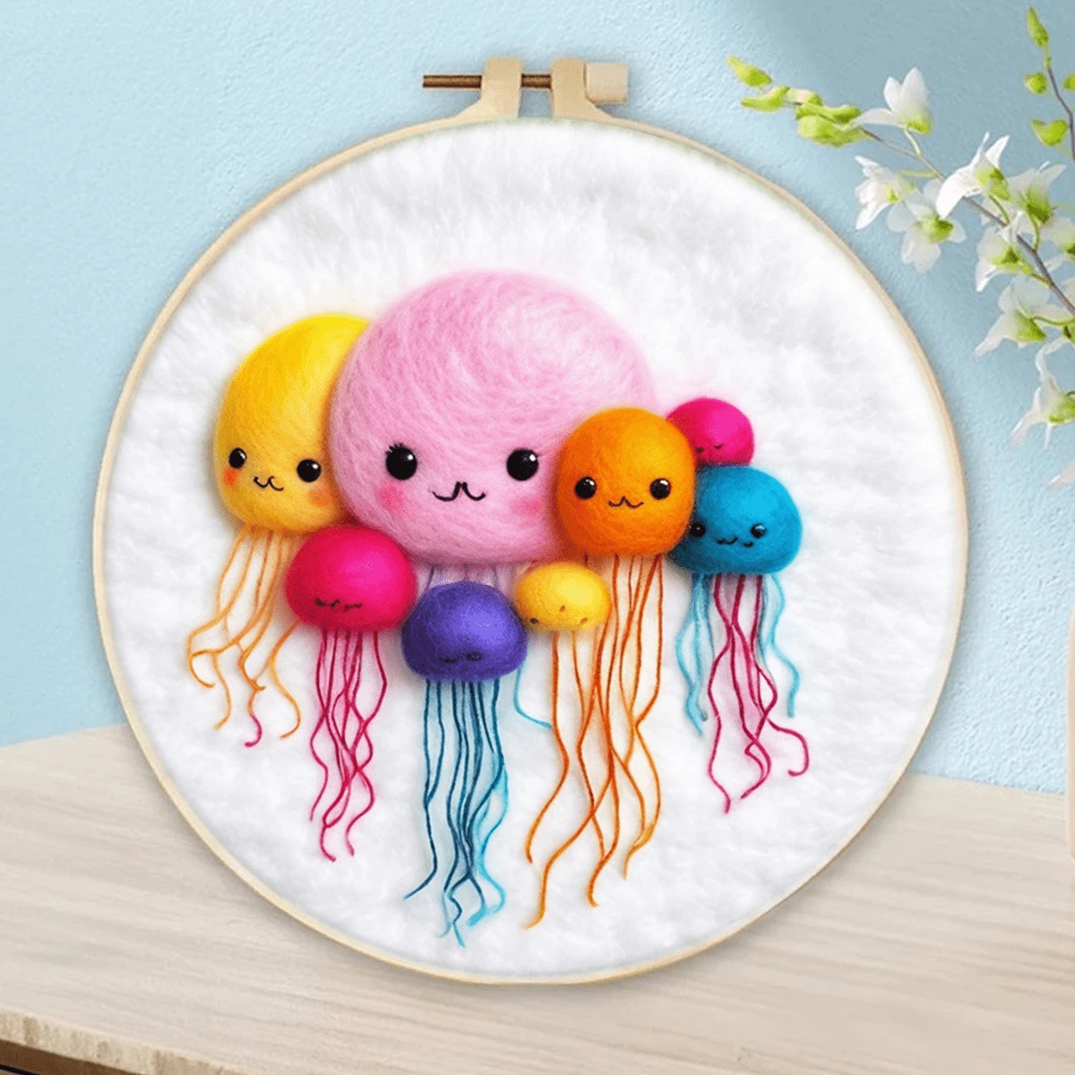 1 Pack Jellyfish Pattern Needle Felting Starter Kit With Picture Embroidery Frame Wool Needle Felt Set Handwork Diy Crafts 20x20cm/7.87x7.87inch - Multicolor - View 1