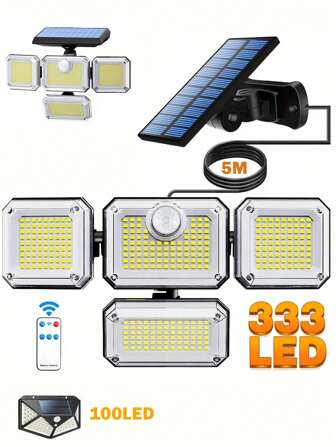 1pc 333 LED/100lLED Solar Outdoor Lights, Waterproof Motion Sensor, Solar Security Spotlight, With Remote Control 3 Mode, 4 Head Solar Floodlight, For Patio, Garage, Porch, Yard(100/300LED ,Integrated/Separation,With/Without Remote Control Optional) Halloween Christmas Thanksgiving Gift
