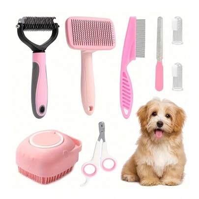 Deluxe 8 PCS Dog Grooming Kit - Premium Stainless Steel Clippers, Self-Cleaning Tools, Gentle Shampoo Brush, & More - Complete Pet Care Solution For Happy, Healthy Paws And Coat