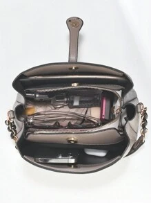 Bolsa feminina de cor sólida da moda, alça de corrente, bolsa de ombro pequena, bolsa de ombro feminina de couro sintético e carteira para celular, carteira tipo balde