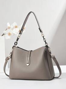 Bolsa feminina de cor sólida da moda, alça de corrente, bolsa de ombro pequena, bolsa de ombro feminina de couro sintético e carteira para celular, carteira tipo balde