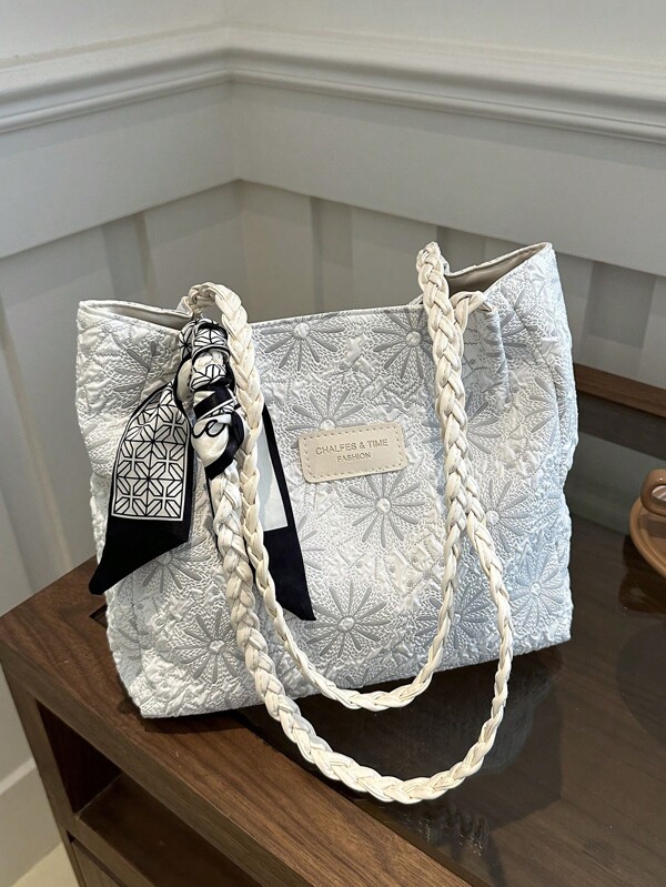 1 pièce Sac fourre-tout imprimé grande capacité de mode pour femme, polyvalent pour les vacances au bord de , les sorties et les voyages, minimaliste, léger, sangle d'épaule tressée unique, ruban élégant, pliable