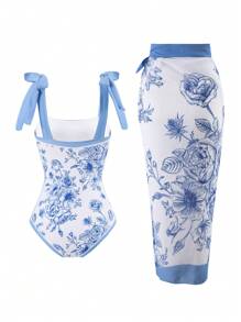 Maiô Modesto de Peça Única com Estampa Floral e Bainha Bufante, Modelagem Slim, Adequado para Férias, Praia, Termas no Verão