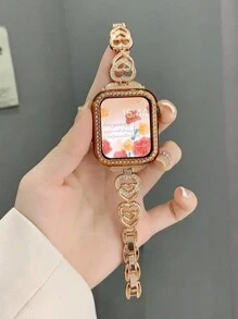 1 件时尚创意设计表带，饰有 2 个水晶钻石空心心形，可调节玫瑰金金属链，适用于 Watch Ultra 2 1SE S9 8 7 6 5 4 3 2 1 系列，学生和女性的热门礼物，尺寸 38/40/41 毫米 42/44/45/49 毫米 - 玫瑰金 - 查看 4