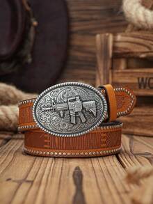 1pc Men's Western Machine Gun Style PU Leather Belt (With Puncher Gift) - Machine Gun - View 9