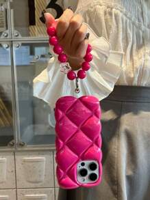 Funda de silicona con diseño de cuadrícula de rombos rosa de moda para iPhone 16 con colgante de teléfono, compatible con iPhone 14 Pro Max/13/11/12, adecuada para mujeres, diseño creativo, protección completa, resistente al agua, a los golpes y a los arañazos - Rosa Fucsia - Ver 2