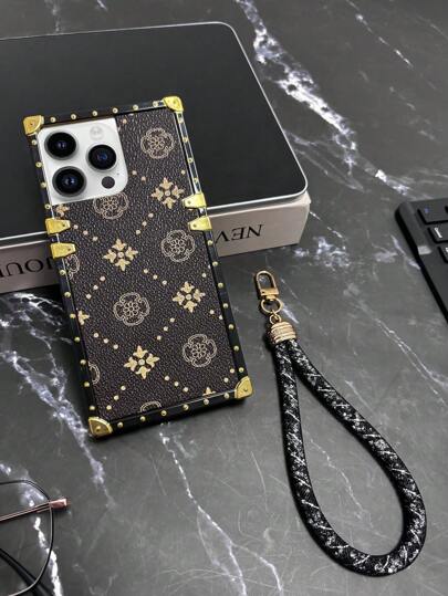1 pièce Étui de téléphone en TPU texturé marron floral avec lanière noire strass, vintage/minimaliste/nouveau modèle, compatible avec iPhone 11/11 Pro/11 Pro Max/12/12 Pro/12 Pro Max/13/13 Pro/13 Pro Max/14/14 Pro/14 Plus/14 Pro Max/15/15 Pro/15 Plus/15 Pro Max et Galaxy S21 Ultra/S22 Ultra/S23 Ultra/S24 Ultra/S25 Ultra/A23/A33/A53/Z Flip3/Z Flip4/Z Flip5