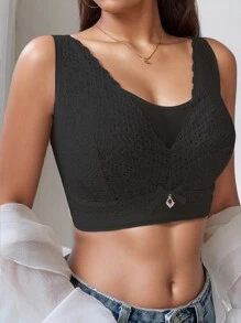 Sujetadores de copa suave, sujetador de encaje floral de mariposas múltiples sólido y simple, sujetador inalámbrico cómodo y transpirable de cobertura total, lencería y ropa interior para mujeres