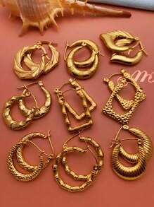 9 Pairs Of Stainless Steel Earrings For Women Large Different Shapes Bamboo Earrings Set Chunky Gold Hoop Earrings Hip Hop Style Fashion Custom Jewelry Party Accessories