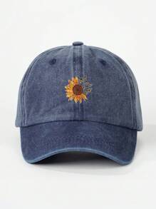 1pc Printed Sunflower & Butterfly Washed Adjustable Baseball Cap, Outdoor Sunscreen Casual Hat For Women, Spring Autumn Travel Beach Vacation, Y2K Style