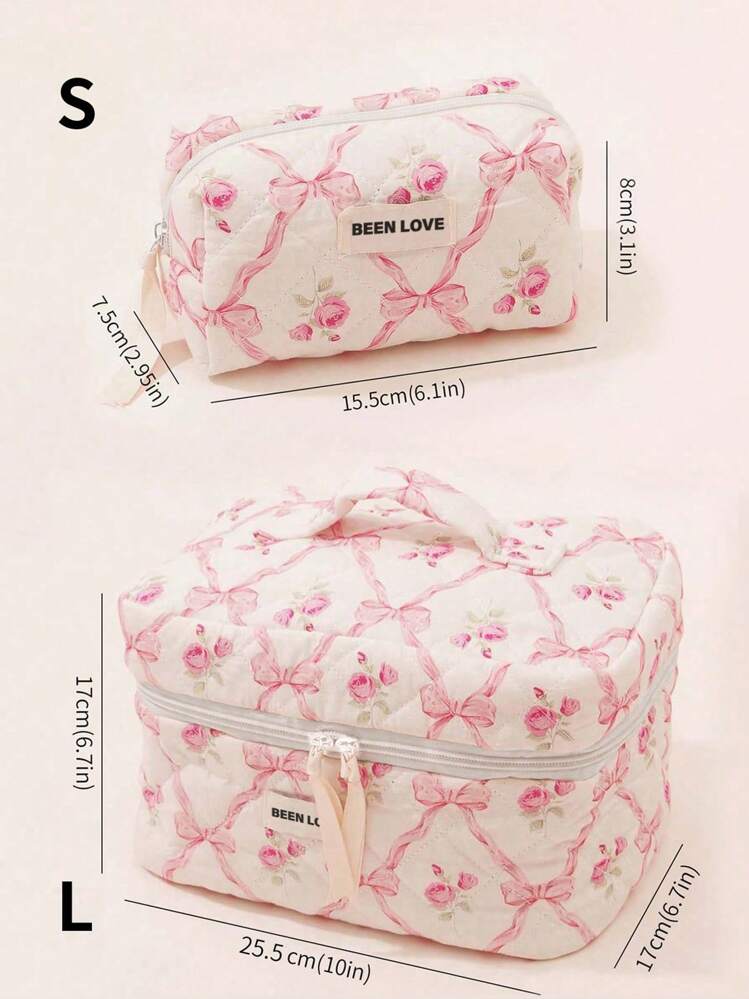 1Pc/Set Bow Knot & Rose Design Quilting Cosmetic Bag, Fashionable Portable Makeup Bag, Multi-Functional Storage Bag For Lipstick, Sanitary Napkin, Coins, Keys Etc, Large Capacity Lovely Wash Bag For Travel Organizer Cosmetic Bag For Travel, Mother's Day Gift, Valentine's Day, Anniversary. Makeup Travel Toiletry Organizer Essentials Gifts Storage Zipper Accessories - Pink - View 16