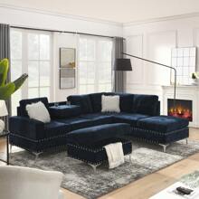 YOGLAD 108'' L-Shape Sectional Sofa With Reversible Chaise, Modular 5-Seaters Sectional Couch With Storage Ottoman, Modern Sofa Bed Wiht Cup Holders, Metal Legs & Nails, Two White Villose Pillows, Modular Sofa Couches For Living Room, Living Room Furniture Sets,  Living Room Sofa, Living Room Couch, Home Decor - 藏蓝色 - 查看 4