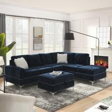YOGLAD 108'' L-Shape Sectional Sofa With Reversible Chaise, Modular 5-Seaters Sectional Couch With Storage Ottoman, Modern Sofa Bed Wiht Cup Holders, Metal Legs & Nails, Two White Villose Pillows, Modular Sofa Couches For Living Room, Living Room Furniture Sets,  Living Room Sofa, Living Room Couch, Home Decor - 藏蓝色 - 查看 5