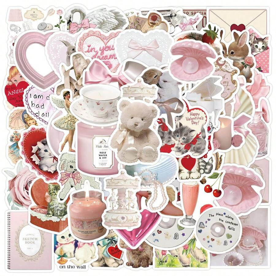 60PCS Stickers Vinyl Aesthetics Stickers For Scrapbooking, Diary, Laptop, Bumper, Skateboard, Water Bottle, Computer, Phone, Cartoon, Hard Hat, Car Stickers And Decals - Multicolor - View 1