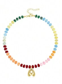 1pc Initial Necklaces For Women, Colorful Beaded Gemstone Choker 14K Gold Bubble Letter Pendant Necklace Natural Stone Summer Beach Handmade Jewelry Gift