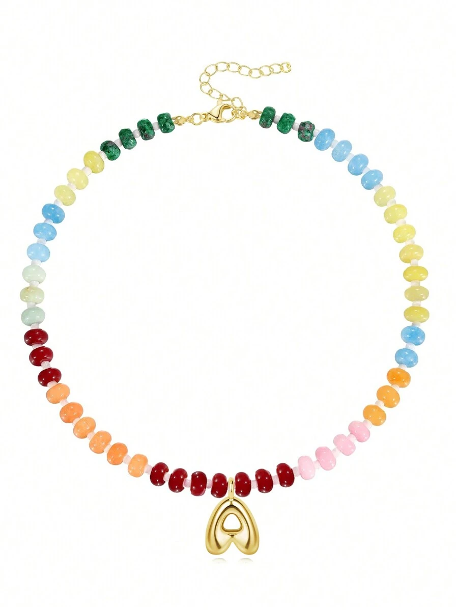 1pc Initial Necklaces For Women, Colorful Beaded Gemstone Choker 14K Gold Bubble Letter Pendant Necklace Natural Stone Summer Beach Handmade Jewelry Gift