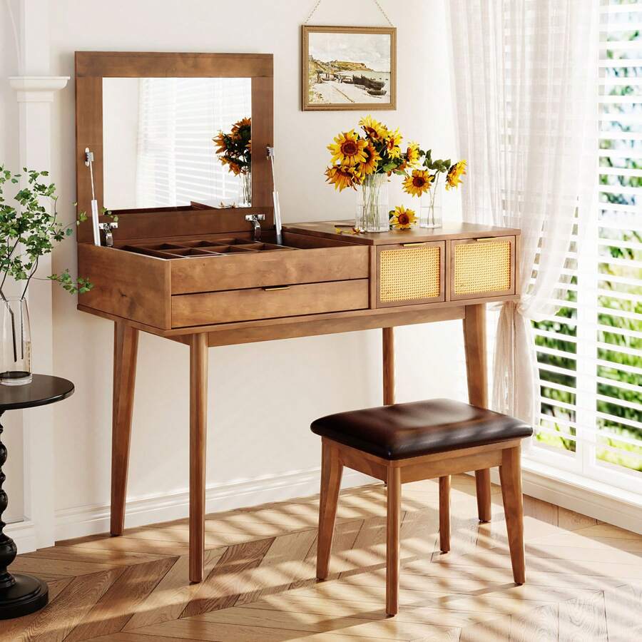 MERAX 43.3" Classic Wood Makeup Vanity Set With Flip-Top Mirror And Stool, Dressing Table With Three Drawers And Storage Space - màu nâu - Xem 1