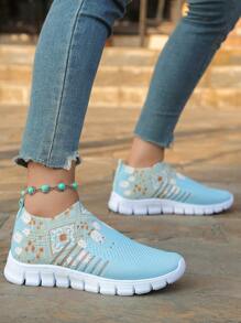 Nuevas zapatillas de punto para mujeres, de suela blanda, transpirables, resistentes a los olores, livianas, de moda, de estilo casual y deportivo de corte bajo - Celeste - Ver 4