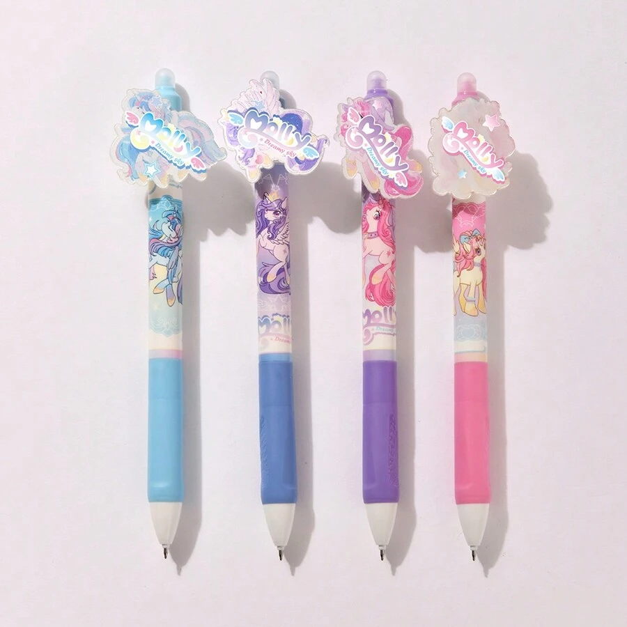 4pcs Unicorn Press Type Erasable Neutral Pen, Blue Ink, With Gradient Grid Pattern - Blue - View 1