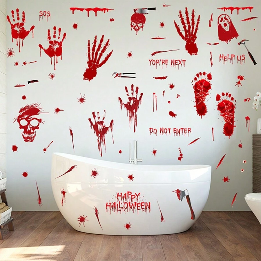 Halloween Decorative Stickers, Assorted Styles To Choose From, Window/Door Stickers, Toys, Blood Hand/Foot Prints, Scary Gag Toys Halloween Decoration - Multicolor - View 1