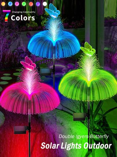 Solar Garden Lights, Upgraded Solar Outdoor Lights, Waterproof, 7-Color Changing Single/Double/Five Jellyfish & Butterfly Solar Flower Lights, Suitable For Christmas Outdoor Yard Garden Decor, Autumn Home Decor Gifts, Outdoor Decoration