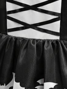 Young Girls Bat Pattern Black & White Contrast Halloween Party Princess Dress, Comes With Bag (Excluding Hair Accessories, Fabric Pattern Random) - Black and White - View 7