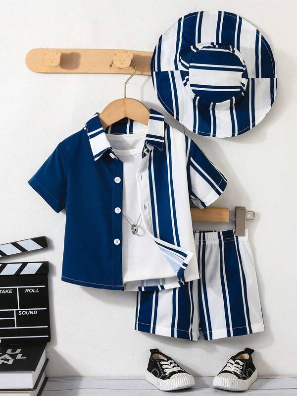 Conjunto de 3 peças de camisa de manga curta às riscas, calções e chapéu casual de verão para bebé menino