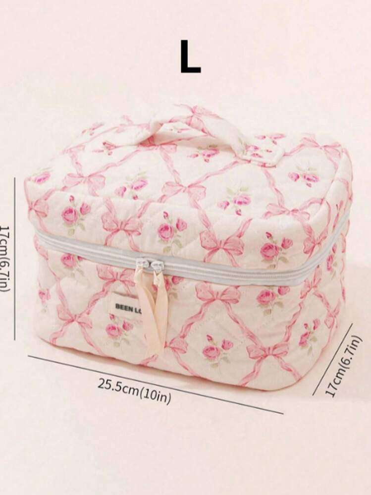 1Pc/Set Bow Knot & Rose Design Quilting Cosmetic Bag, Fashionable Portable Makeup Bag, Multi-Functional Storage Bag For Lipstick, Sanitary Napkin, Coins, Keys Etc, Large Capacity Lovely Wash Bag For Travel Organizer Cosmetic Bag For Travel, Mother's Day Gift, Valentine's Day, Anniversary. Makeup Travel Toiletry Organizer Essentials Gifts Storage Zipper Accessories - Pink - View 14