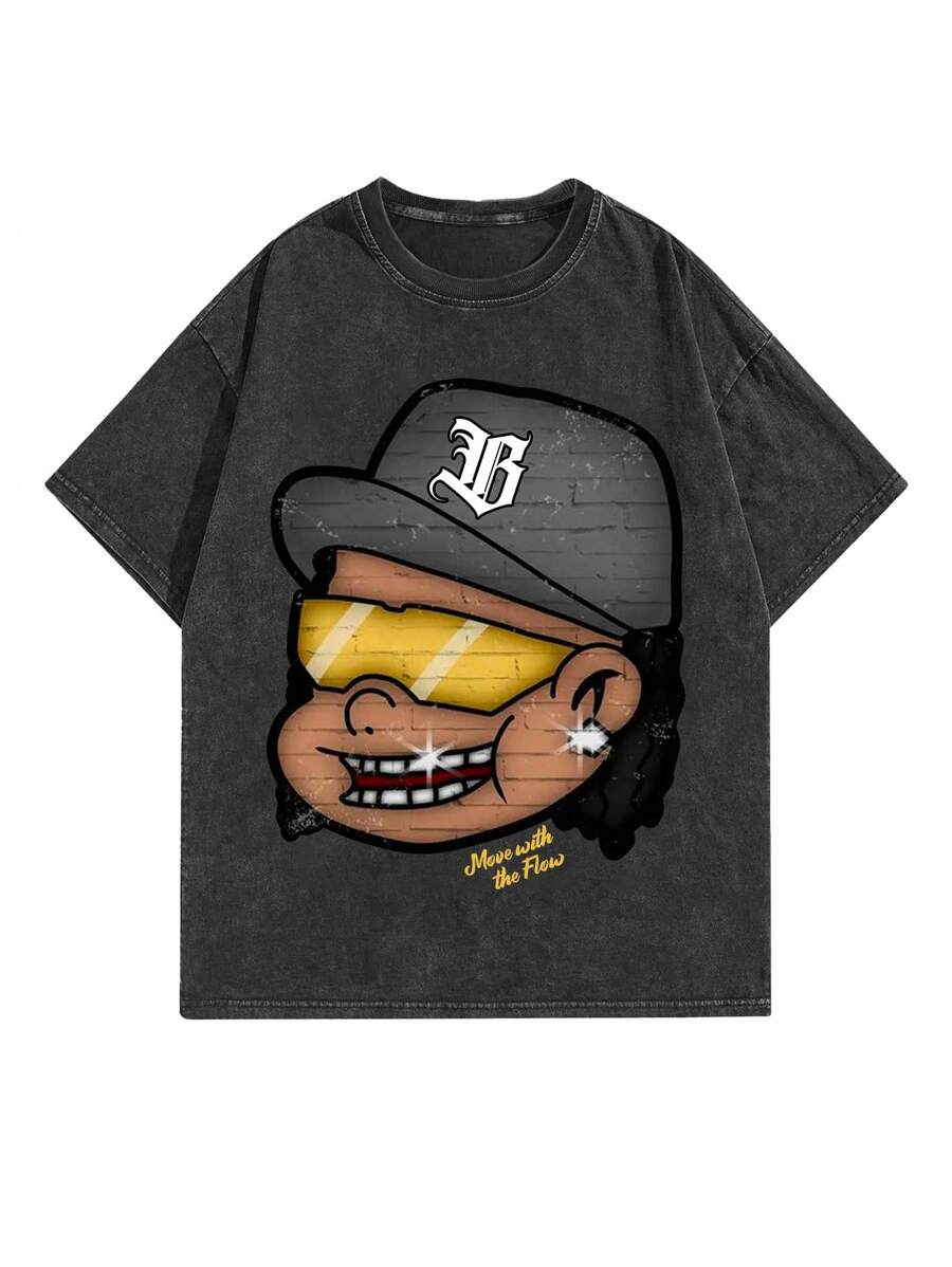 NEON DUSK Men's Crew Neck Cartoon T-Shirt, Summer - Black - View 1