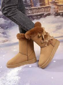 女士加厚平底雪地靴，带保暖内衬，外部蝴蝶结，防滑，时尚经典，简约通勤，舒适一体式设计，有高筒和短筒款式可供选择 - 棕色 - 查看 2