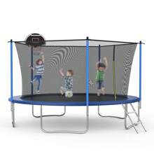 14FT Trampoline, Recreational Trampoline With Enclosure Net & Ladder, Outdoor Trampolines For Kids And Adults, Round Trampoline With Baketball Hoop - Blue - View 1