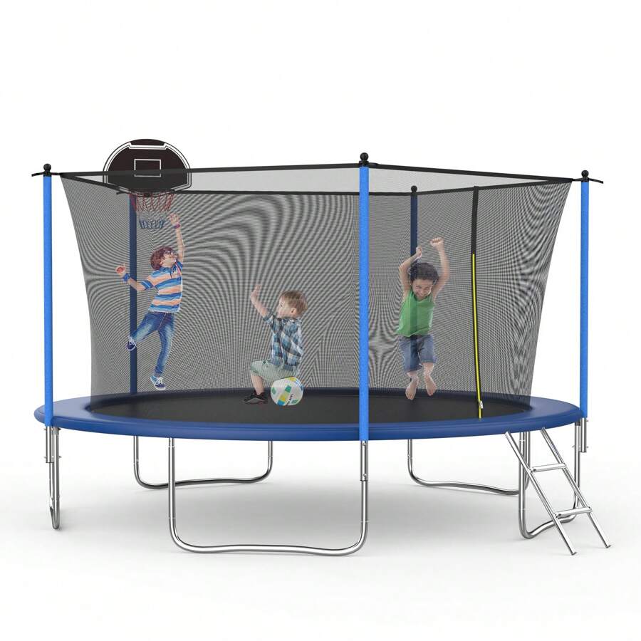 14FT Trampoline, Recreational Trampoline With Enclosure Net & Ladder, Outdoor Trampolines For Kids And Adults, Round Trampoline With Baketball Hoop - Blue - View 1