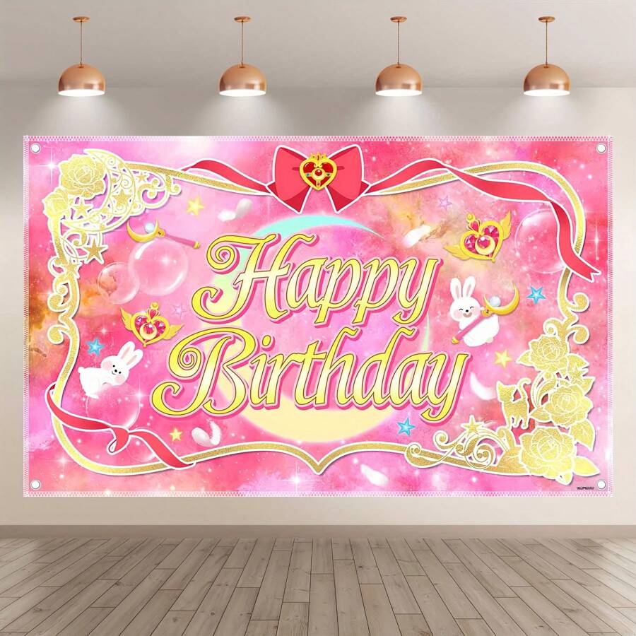 1 pieza Fondo brillante de cumpleaños en color rosa con purpurina vibrante - Diseño de luna de anime único con decoraciones de banderola de conejo kawaii y lazo lindo para cabinas de fotos, estudios, mesas de pasteles y decoración de habitaciones - Colgado conveniente con agujeros perforados en las cuatro esquinas - Multicolor - Ver 1