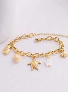 1pc Gold-Tone Stainless Steel Turtle, Shell, Pineapple, Natural Shell Starfish And Conch Pendant Chunky Chain Bracelet, Women's Ins Western Beach Style - Gold - View 1
