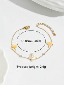 1入時尚白色貝殼蝴蝶鑲嵌鑽石不鏽鋼手鏈，優雅甜美的慶祝和節日配飾，女性必備 - 金黃色 - 查看 10