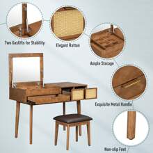 MERAX 43.3" Classic Wood Makeup Vanity Set With Flip-Top Mirror And Stool, Dressing Table With Three Drawers And Storage Space - màu nâu - Xem 3